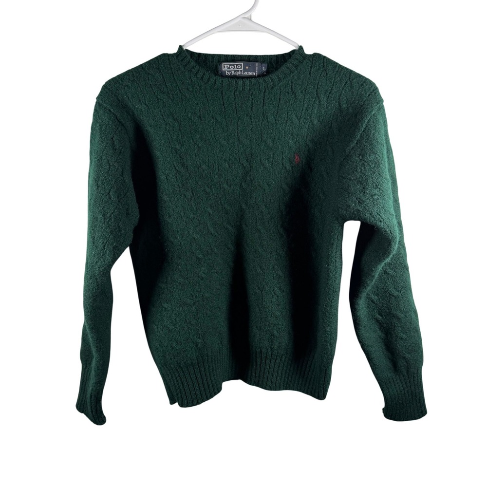 Polo Ralph Lauren Hunter Green 100% Wool Cable Knit Crewneck Sweater Womens L